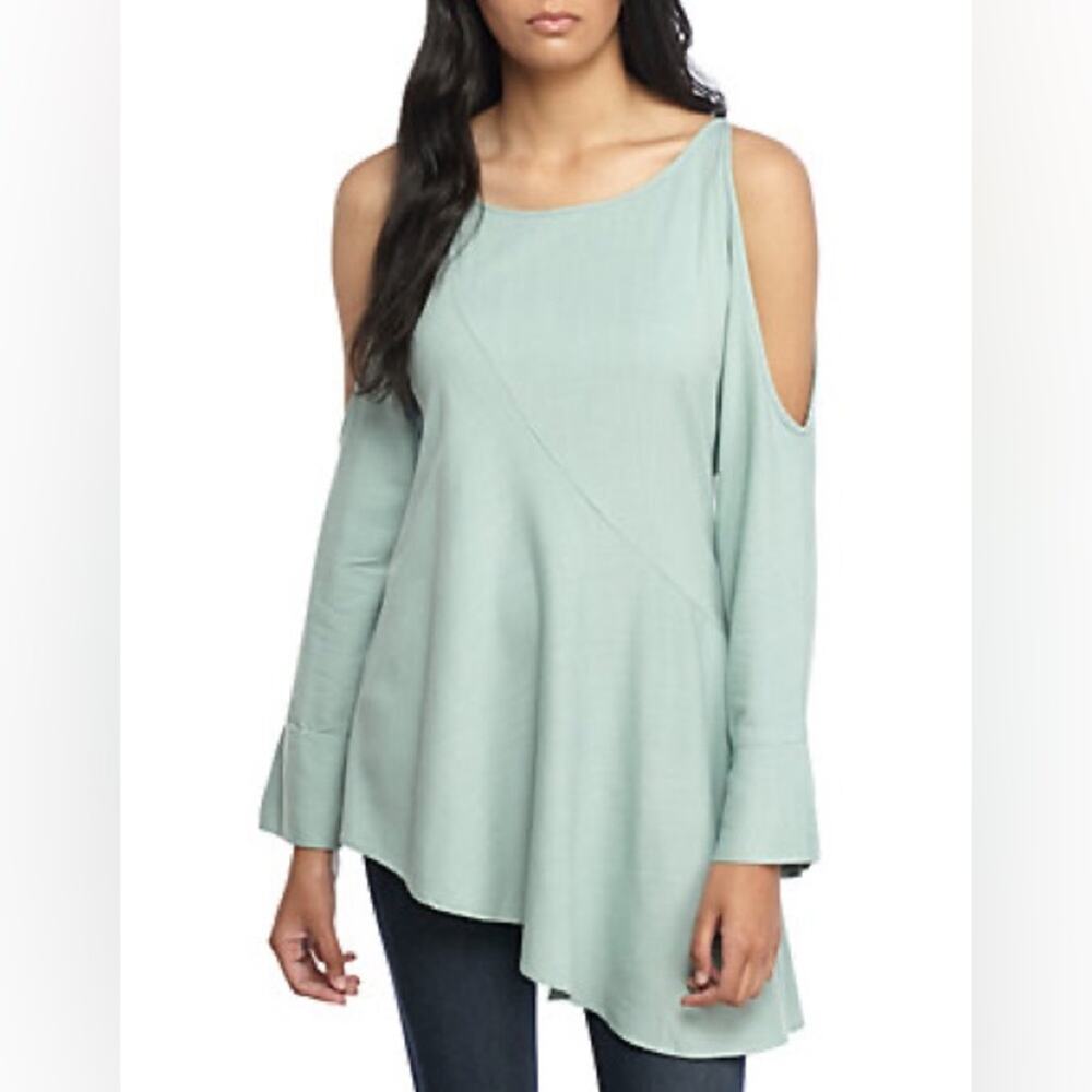 FREE PEOPLE Long Sleeve Cold Shoulder Asymmetrical Teal Relaxed Fit Top Sz Small